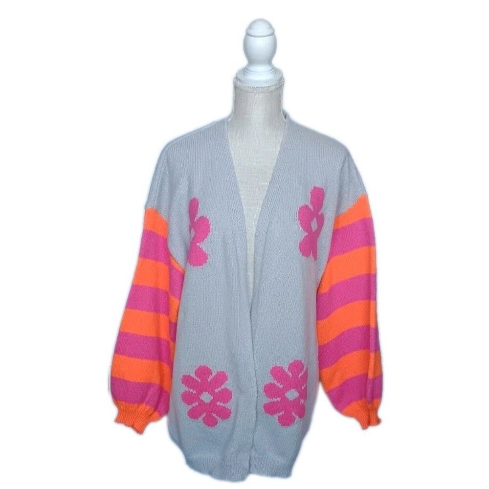 Unbranded Open Cardigan w/Pink Flowers and Orange and Pink Puff Sleeves Size L